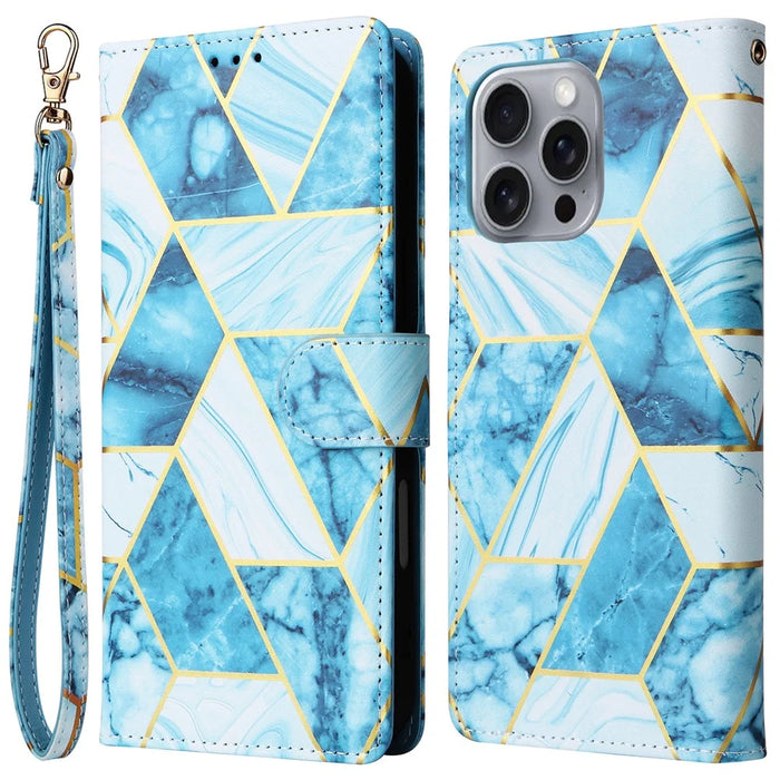 For iPhone 16 Pro Max Case Lacquered Marble Pattern Card Slots Wallet Leather Phone Cover - Blue - 1