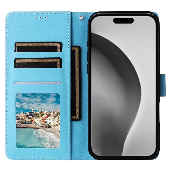 For iPhone 16 Pro Max Case Lacquered Marble Pattern Card Slots Wallet Leather Phone Cover - Blue - 2