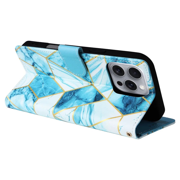 For iPhone 16 Pro Max Case Lacquered Marble Pattern Card Slots Wallet Leather Phone Cover - Blue - 4