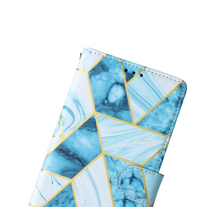 For iPhone 16 Pro Max Case Lacquered Marble Pattern Card Slots Wallet Leather Phone Cover - Blue - 7