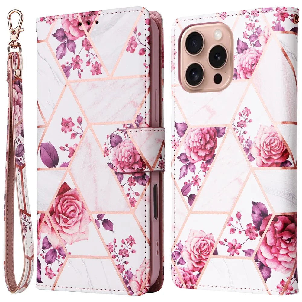 For iPhone 16 Pro Case Lacquered Leather Phone Shell Marble Pattern Design - Rose Gold - 1