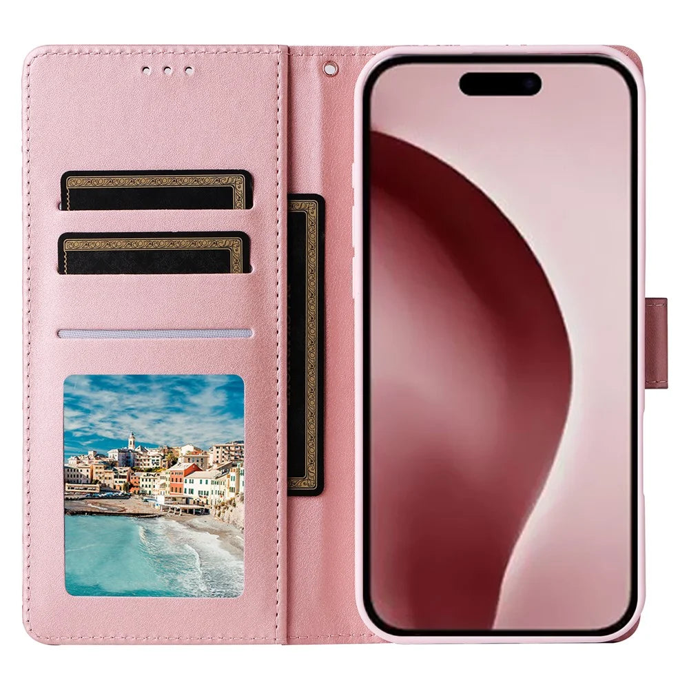 For iPhone 16 Pro Case Lacquered Leather Phone Shell Marble Pattern Design - Rose Gold - 2
