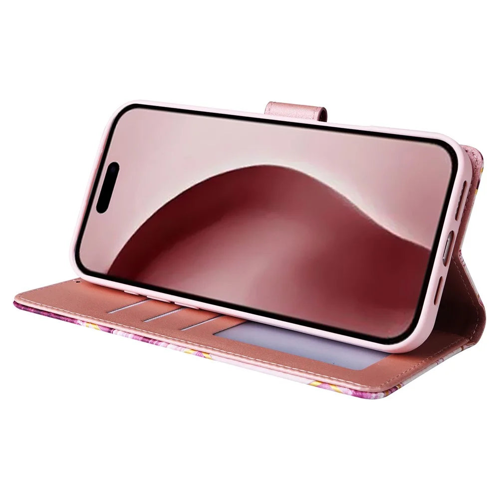 For iPhone 16 Pro Case Lacquered Leather Phone Shell Marble Pattern Design - Rose Gold - 3