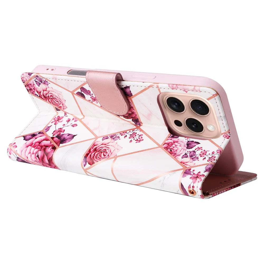 For iPhone 16 Pro Case Lacquered Leather Phone Shell Marble Pattern Design - Rose Gold - 4