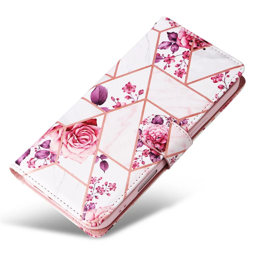 For iPhone 16 Pro Case Lacquered Leather Phone Shell Marble Pattern Design - Rose Gold - 5