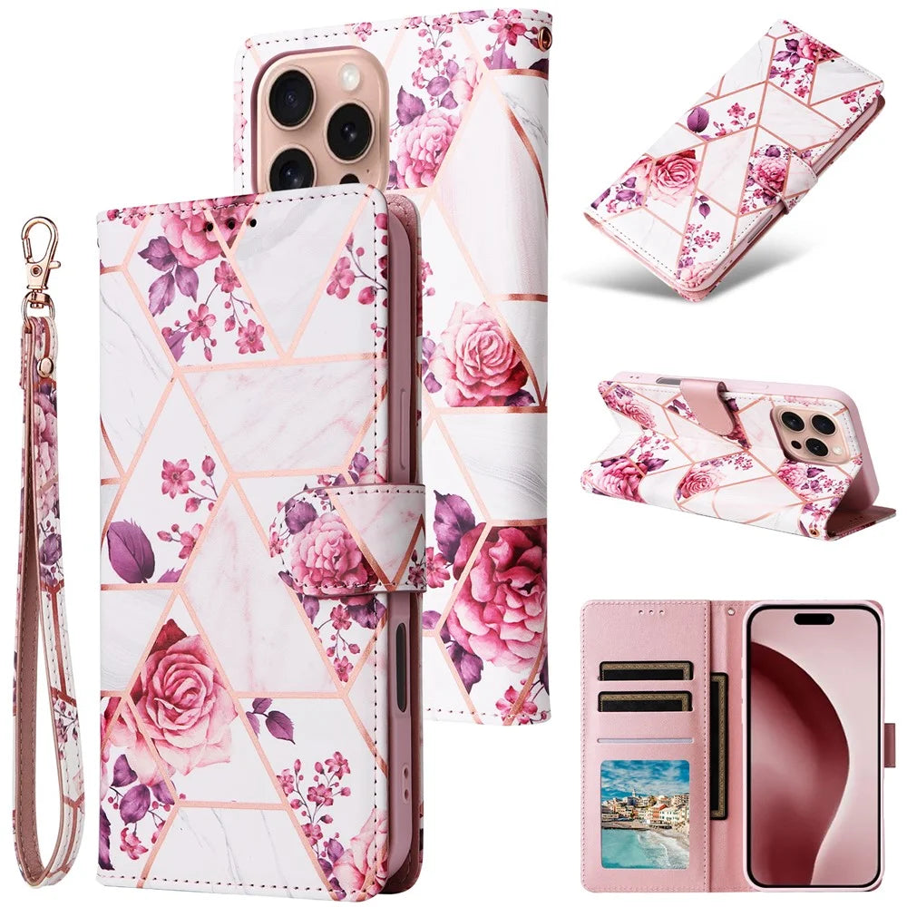 For iPhone 16 Pro Case Lacquered Leather Phone Shell Marble Pattern Design - Rose Gold - 6