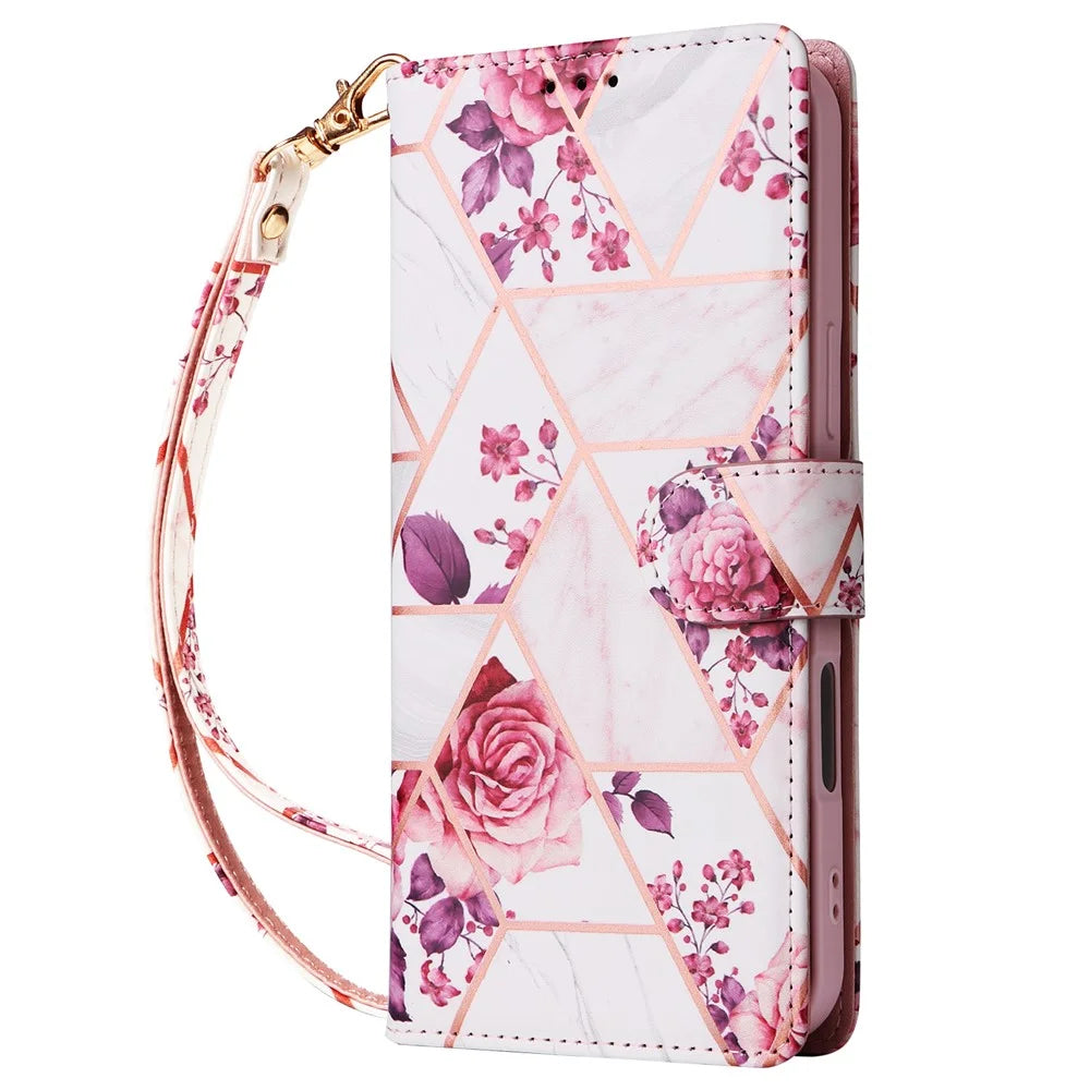 For iPhone 16 Pro Case Lacquered Leather Phone Shell Marble Pattern Design - Rose Gold - 7