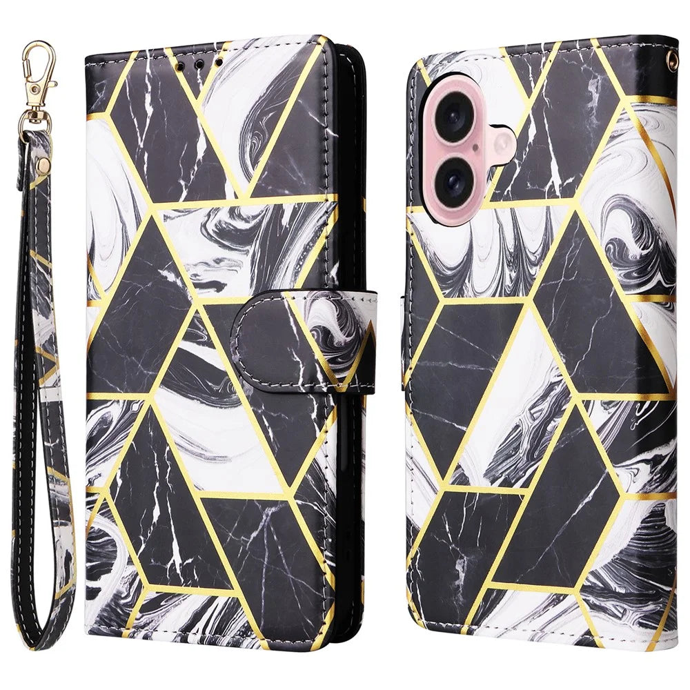 For iPhone 16 Case Marble Pattern Print Leather Wallet Phone Cover - Black - 1
