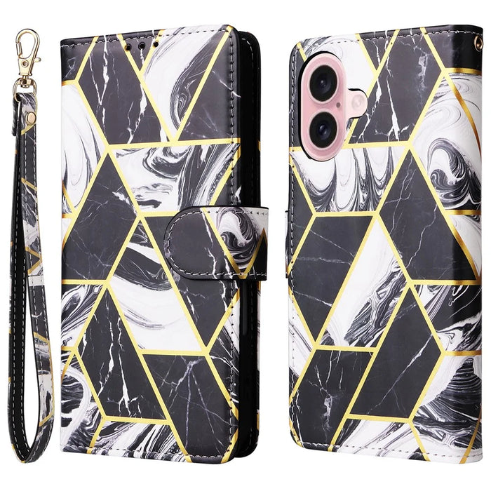 For iPhone 16 Case Marble Pattern Print Leather Wallet Phone Cover - Black - 1