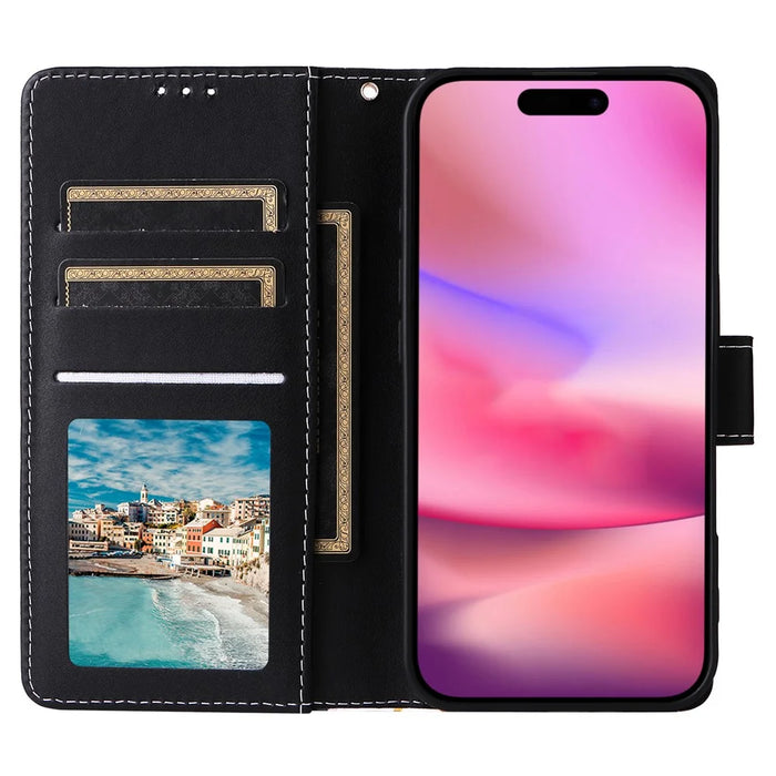 For iPhone 16 Case Marble Pattern Print Leather Wallet Phone Cover - Black - 2