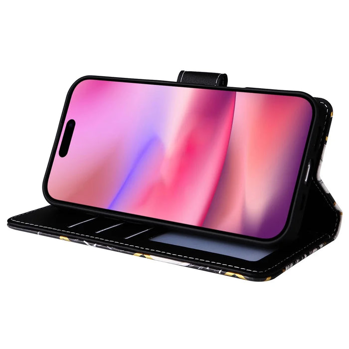 For iPhone 16 Case Marble Pattern Print Leather Wallet Phone Cover - Black - 3