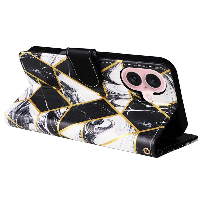 For iPhone 16 Case Marble Pattern Print Leather Wallet Phone Cover - Black - 4