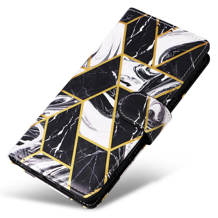 For iPhone 16 Case Marble Pattern Print Leather Wallet Phone Cover - Black - 5