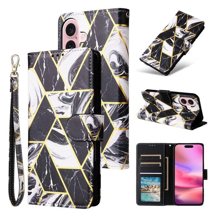 For iPhone 16 Case Marble Pattern Print Leather Wallet Phone Cover - Black - 6