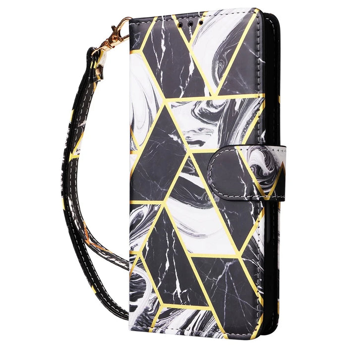 For iPhone 16 Case Marble Pattern Print Leather Wallet Phone Cover - Black - 7