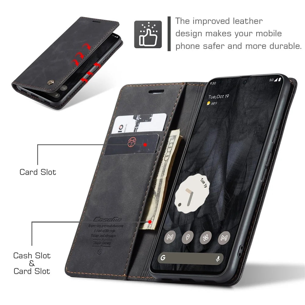 CASEME 013 Series For Google Pixel 8 Pro Case PU Leather Wallet Folio Flip Phone Cover - Black - 6