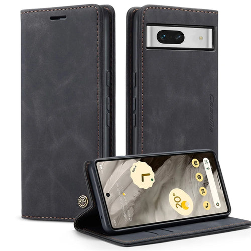 CASEME 013 Series For Google Pixel 7a Case Card Holder Stand Leather Phone Cover - Black - 1