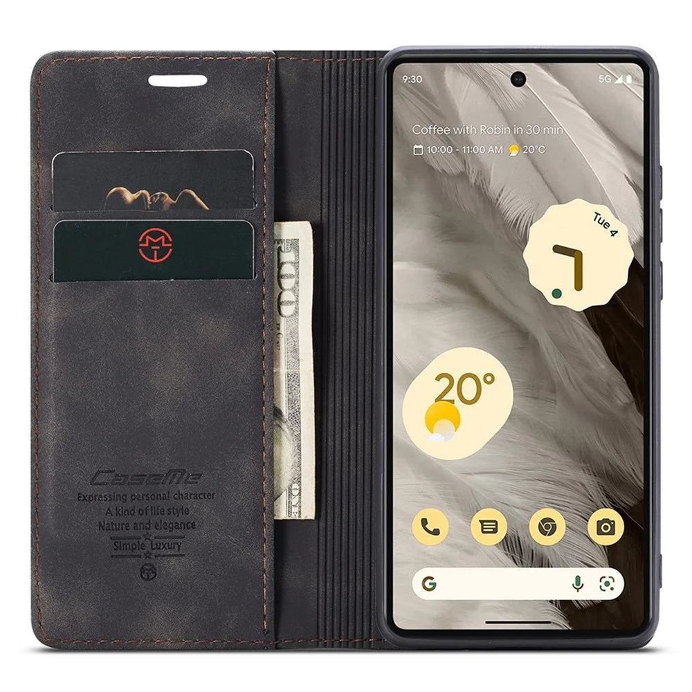CASEME 013 Series For Google Pixel 7a Case Card Holder Stand Leather Phone Cover - Black - 2
