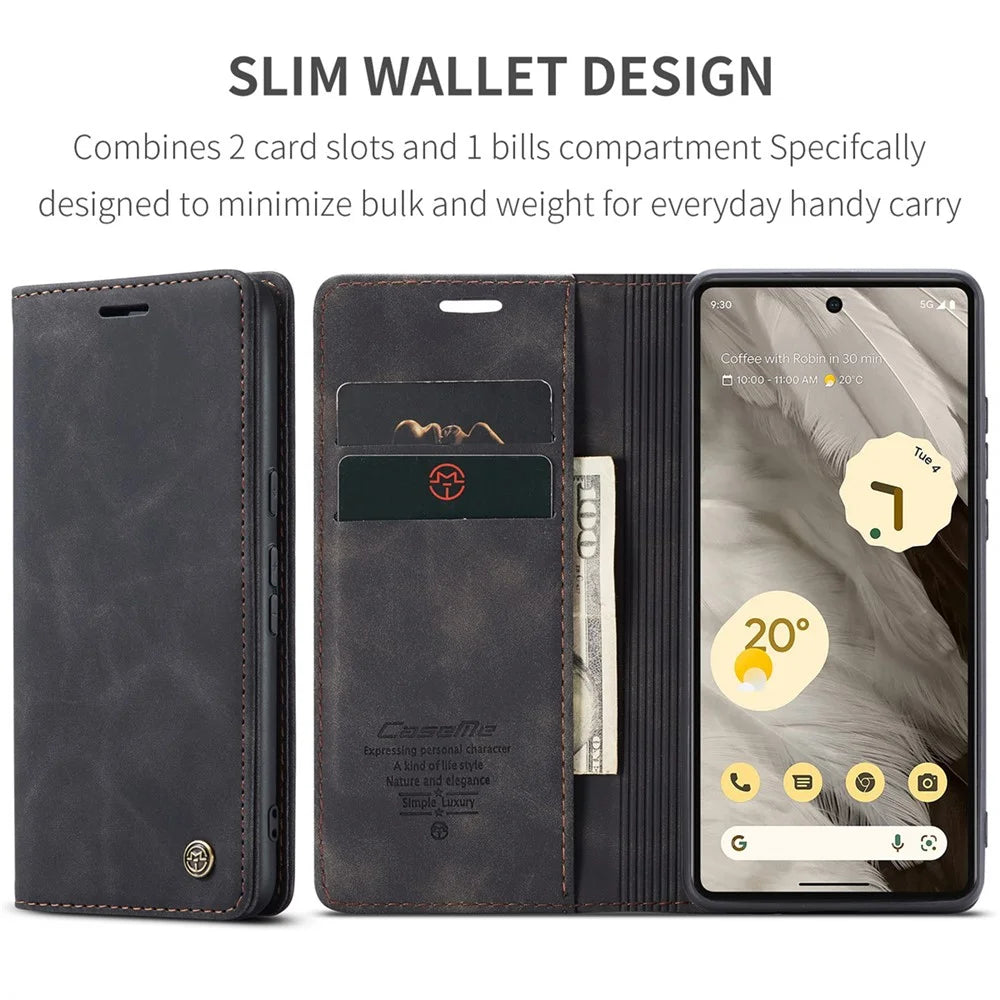 CASEME 013 Series For Google Pixel 7a Case Card Holder Stand Leather Phone Cover - Black - 5