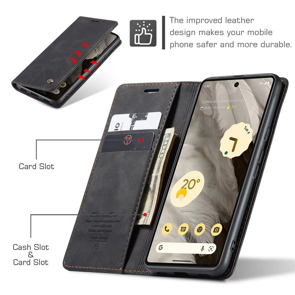CASEME 013 Series For Google Pixel 7a Case Card Holder Stand Leather Phone Cover - Black - 6