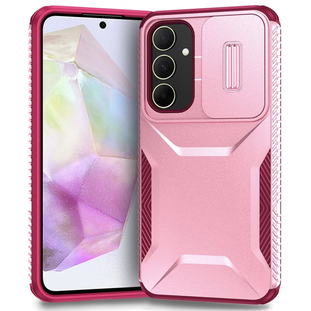 For Samsung Galaxy A35 5G Case Drop Protection TPU+PC Phone Cover with Camera Lid - Pink / Wine Red - 1