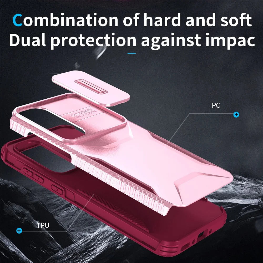 For Samsung Galaxy A35 5G Case Drop Protection TPU+PC Phone Cover with Camera Lid - Pink / Wine Red - 5