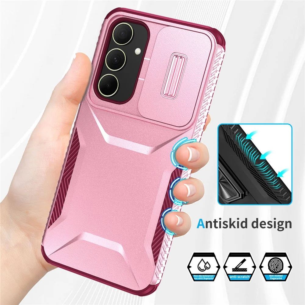For Samsung Galaxy A35 5G Case Drop Protection TPU+PC Phone Cover with Camera Lid - Pink / Wine Red - 7