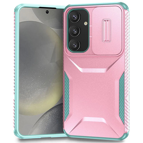 For Samsung Galaxy S25 / S24 Case Slide Lens Cover TPU+PC Phone Shell - Pink / Grey Green - 1