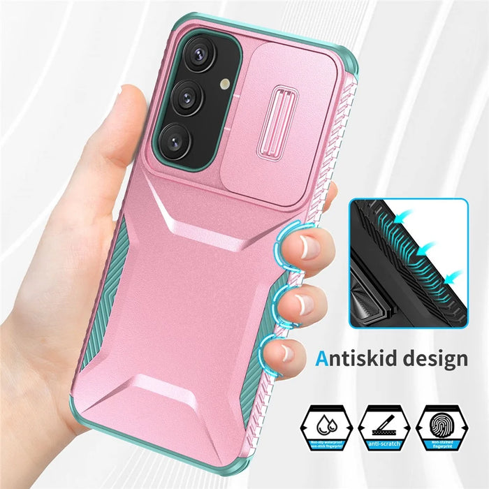 For Samsung Galaxy S25 / S24 Case Slide Lens Cover TPU+PC Phone Shell - Pink / Grey Green - 3