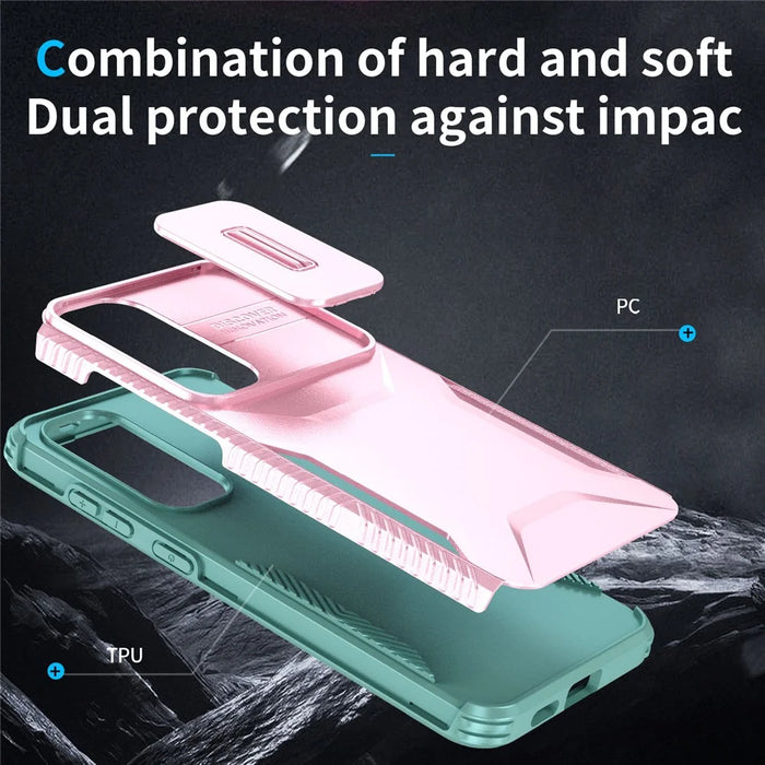 For Samsung Galaxy S25 / S24 Case Slide Lens Cover TPU+PC Phone Shell - Pink / Grey Green - 5