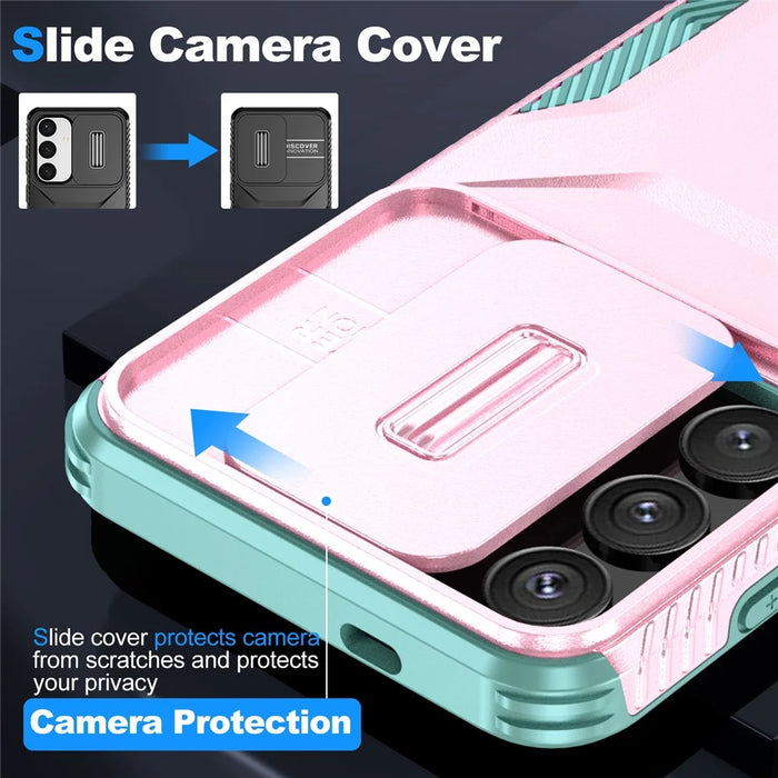 For Samsung Galaxy S25 / S24 Case Slide Lens Cover TPU+PC Phone Shell - Pink / Grey Green - 7