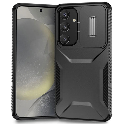 For Samsung Galaxy S25+ / S24+ Phone Case with Slide Camera Cover PC+TPU Material - Black - 1