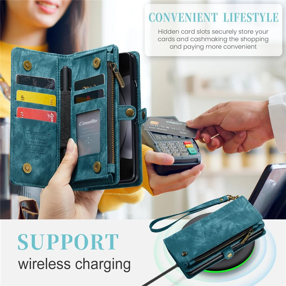 For Samsung Galaxy Z Fold5 5G Phone Cases CASEME 008 Leather Cover with Detachable Wallet and Strap - Blue - 5