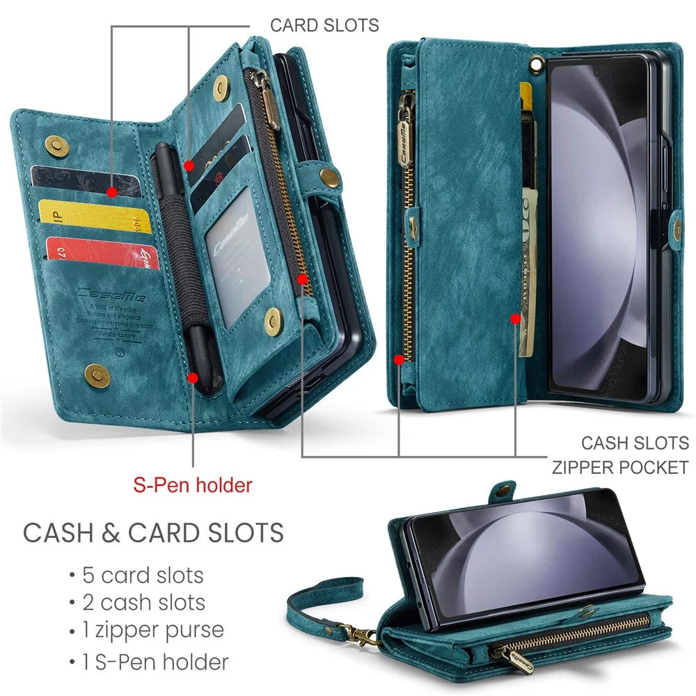 For Samsung Galaxy Z Fold5 5G Phone Cases CASEME 008 Leather Cover with Detachable Wallet and Strap - Blue - 7