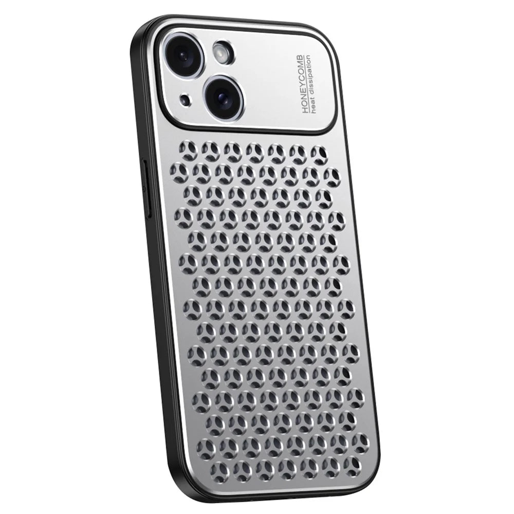 For iPhone 14 Plus Case Aluminum Alloy+TPU Honeycomb Heat Dissipation Anti-Drop Phone Cover - Silver - 1
