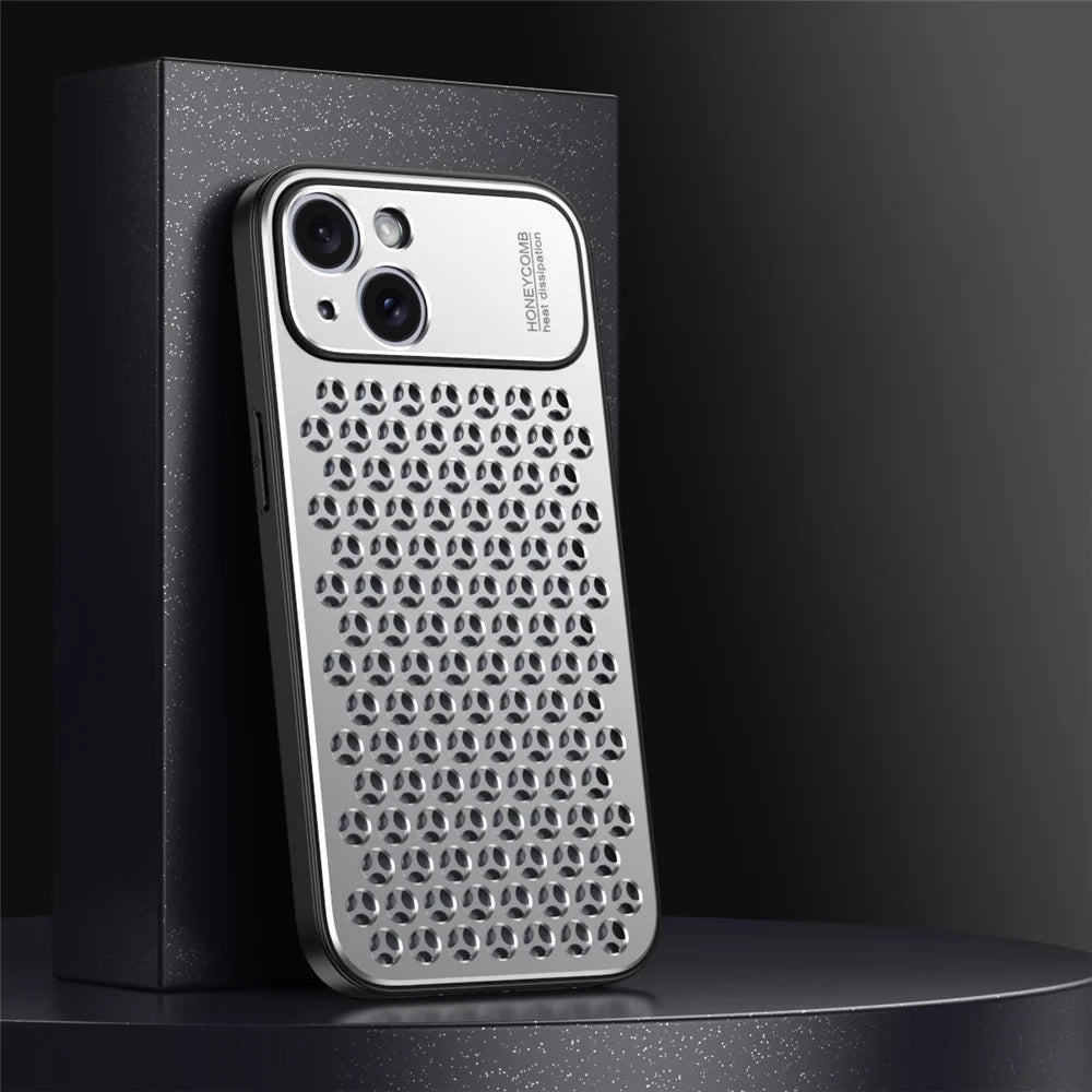 For iPhone 14 Plus Case Aluminum Alloy+TPU Honeycomb Heat Dissipation Anti-Drop Phone Cover - Silver - 2