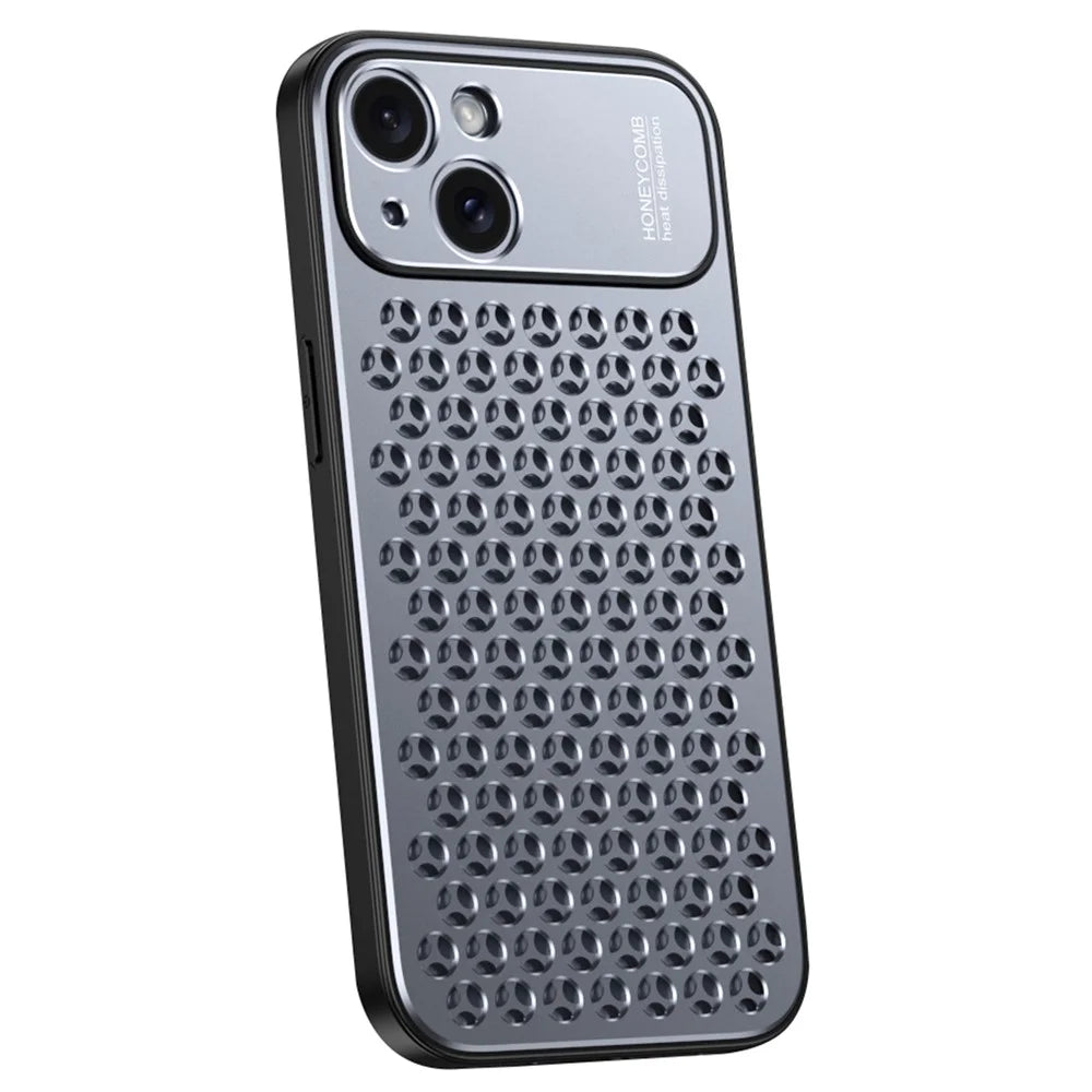 For iPhone 15 Case Aluminum Alloy+TPU Honeycomb Heat Dissipation Phone Cover - Grey - 1