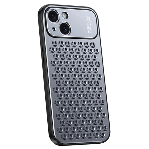 For iPhone 15 Case Aluminum Alloy+TPU Honeycomb Heat Dissipation Phone Cover - Grey - 1