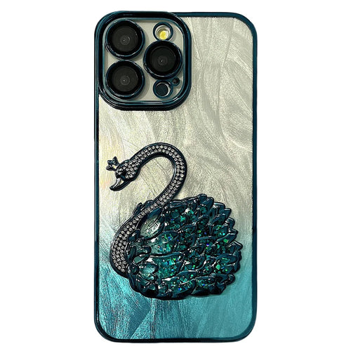 For iPhone 12 Pro Max Case Feather Yarn Texture Quicksand Swan TPU Phone Cover with Glass Lens Film - Blue - 1