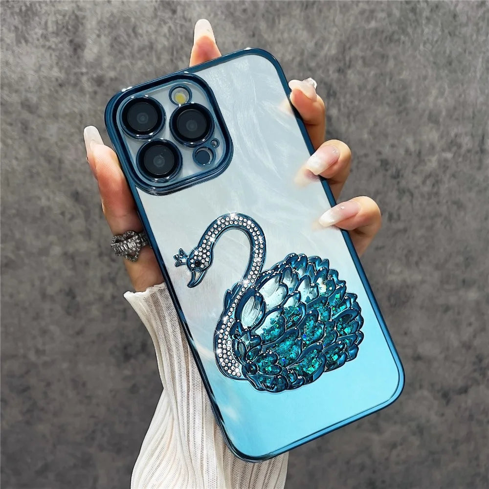 For iPhone 13 Pro Max Case Feather Yarn Texture Quicksand Swan TPU Phone Cover with Glass Lens Film - Blue - 2
