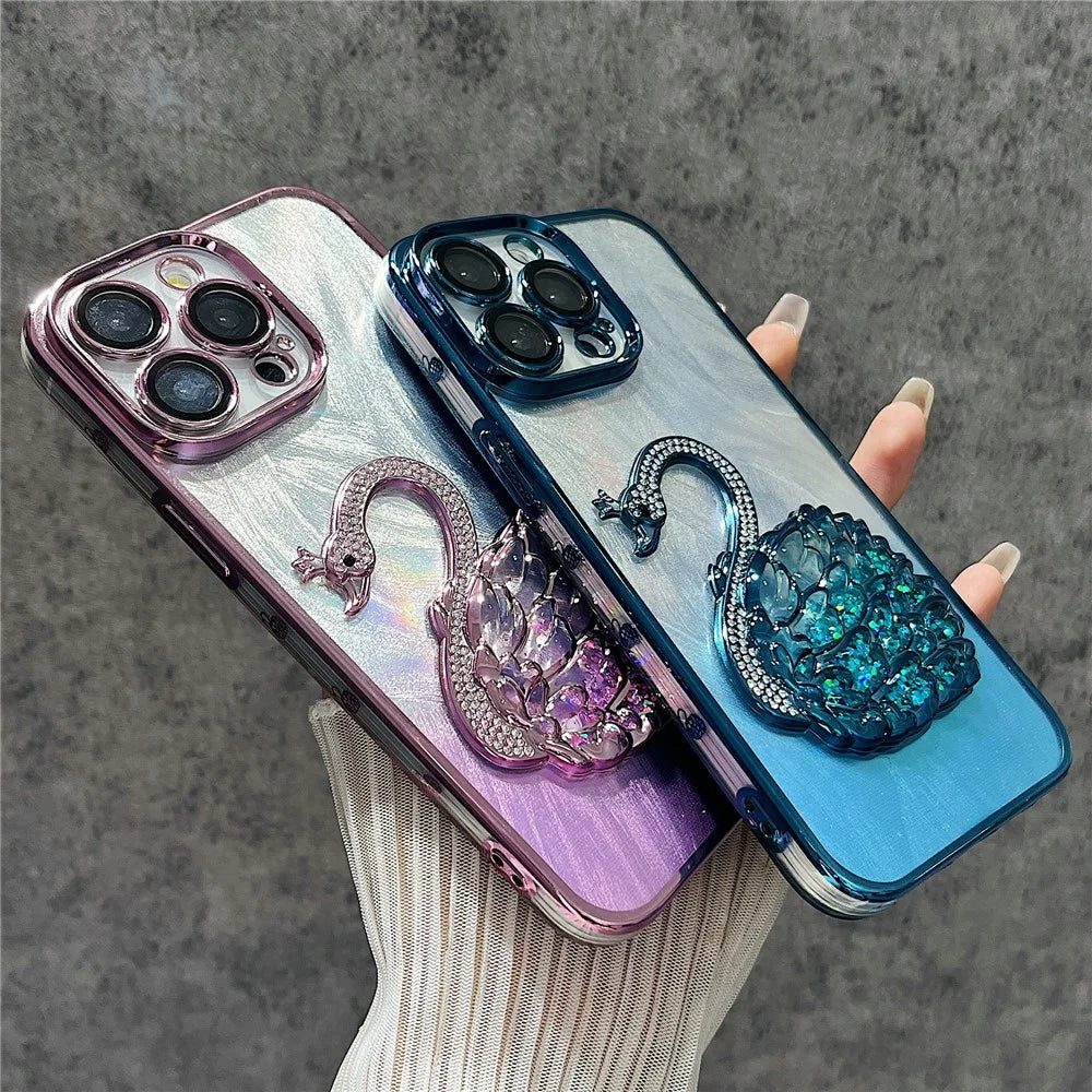For iPhone 13 Pro Max Case Feather Yarn Texture Quicksand Swan TPU Phone Cover with Glass Lens Film - Blue - 3
