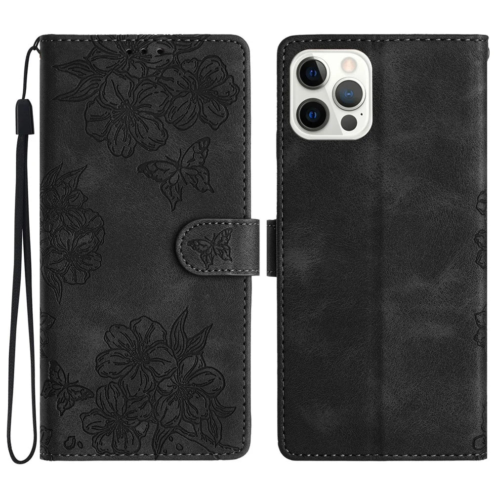 For iPhone 12 Pro Skin-Touch Feeling Phone Case TPU+PU Leather Imprinted Pattern Wallet Phone Cover - Black - 1
