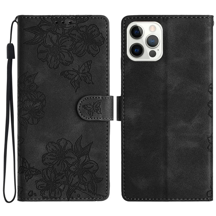 For iPhone 12 Pro Skin-Touch Feeling Phone Case TPU+PU Leather Imprinted Pattern Wallet Phone Cover - Black - 1