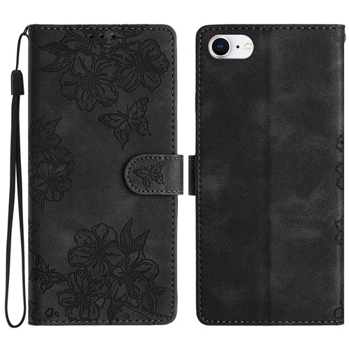 For iPhone 6 / 6s / 7 / 8 4.7 Inch / SE (2020) / SE (2022) Case Sakura Butterfly Imprint Leather Wallet Stand Phone Cover - Black - 1