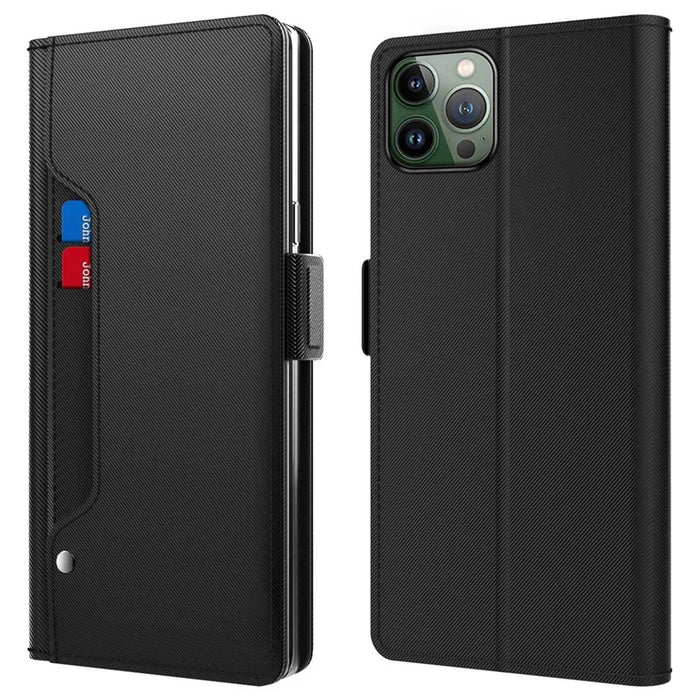 For iPhone 16 Pro Case Card Slot Mirror PU Leather Folio Phone Cover - Black - 1