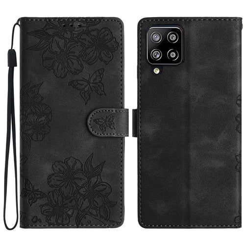 For Samsung Galaxy A22 4G (EU Version) Case Sakura Butterfly Imprint Leather Wallet Phone Cover - Black - 1