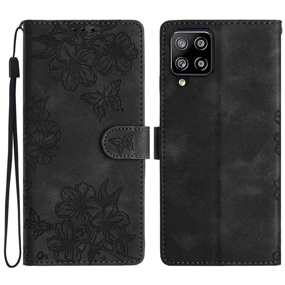 For Samsung Galaxy A22 4G (EU Version) Case Sakura Butterfly Imprint Leather Wallet Phone Cover - Black - 1