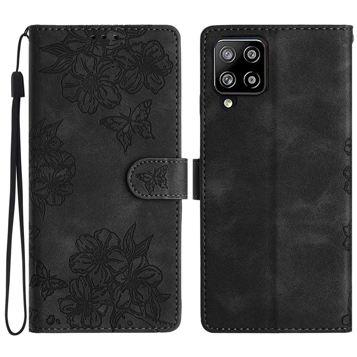 For Samsung Galaxy A22 4G (EU Version) Case Sakura Butterfly Imprint Leather Wallet Phone Cover - Black - 1