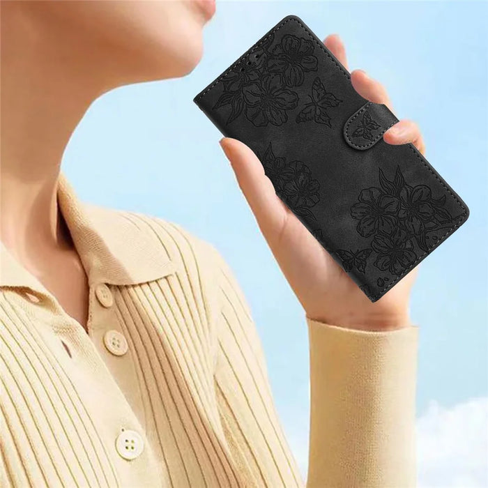 For Samsung Galaxy A22 4G (EU Version) Case Sakura Butterfly Imprint Leather Wallet Phone Cover - Black - 6