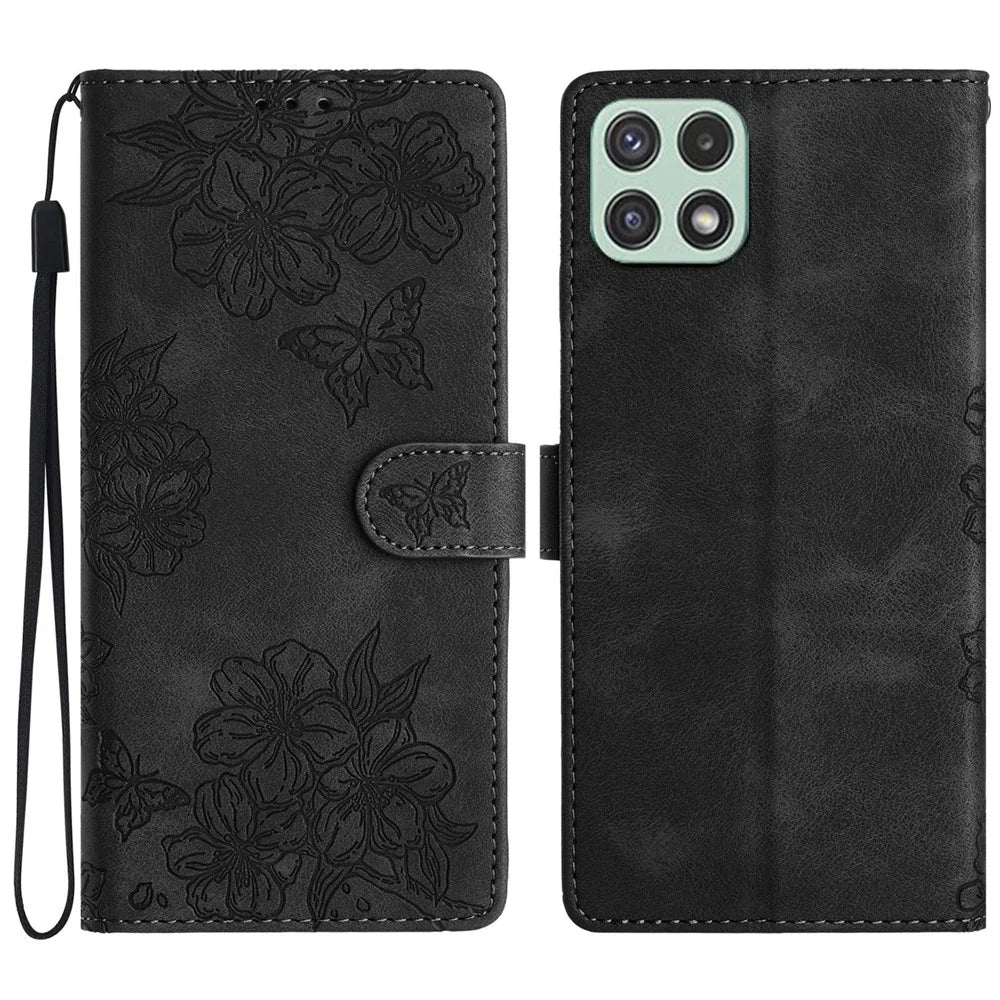 For Samsung Galaxy A22 5G (EU Version) Case Sakura Butterfly Pattern Anti-Scratch Leather Phone Cover - Black - 1